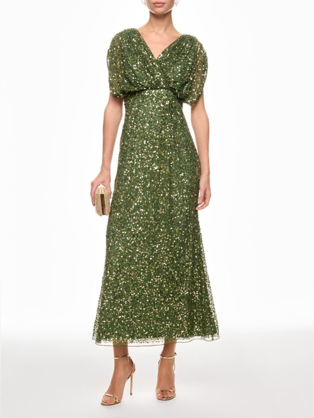 Leena forMac Duggal Draped Sleeve V Neck Beaded Green Gown Size 0